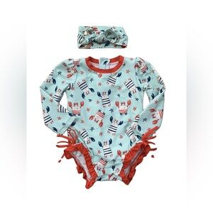 Caden Lane Size 18-24 Months Red, White, Blue Crab Swimsuit & Bamboo Headband